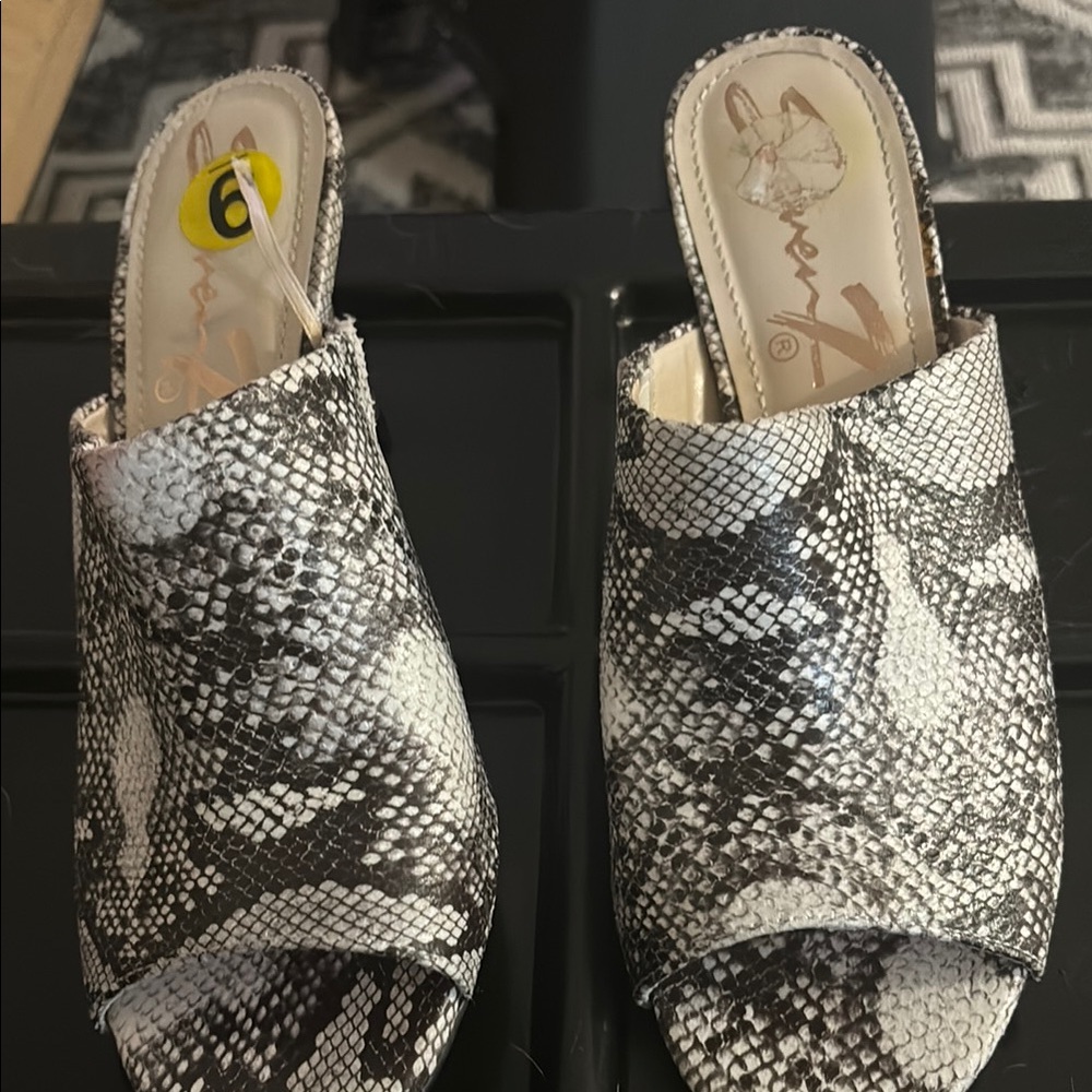 Zigi Soho Black and White Mules with Snake Print